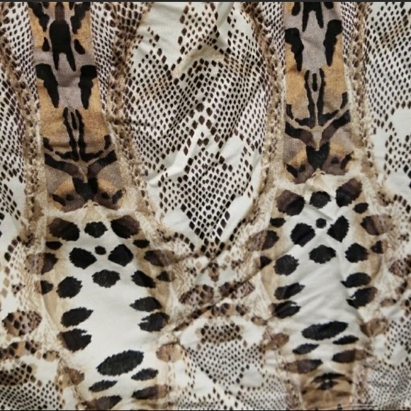 Bebe Snake Skin Print Mini Dress with Gold Chain Criss Cross Straps Cowl Neck - Picture 10 of 11